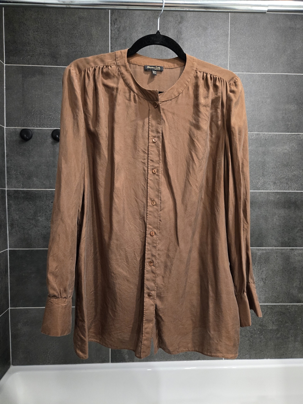 Massimo Dutti Sheer Silk Brown Button-Front Long Sleeve Blouse